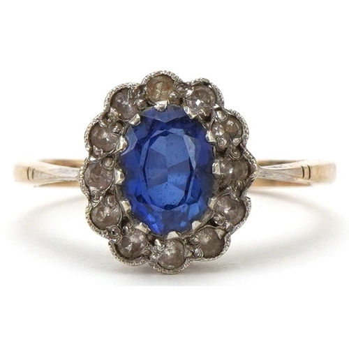 2289 - 9ct gold blue and white sapphire cluster ring, size K, 2.4g