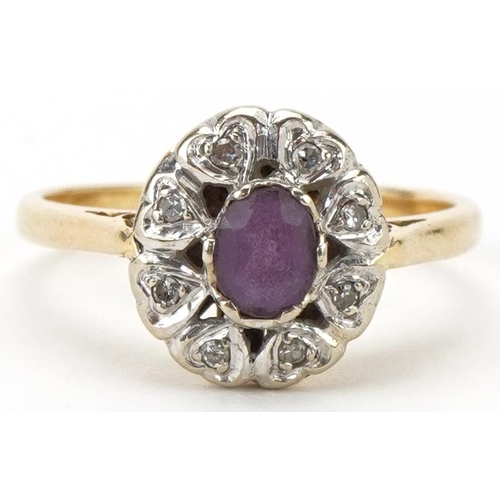 2301 - Unmarked gold amethyst and diamond cluster ring, size M, 3.4g