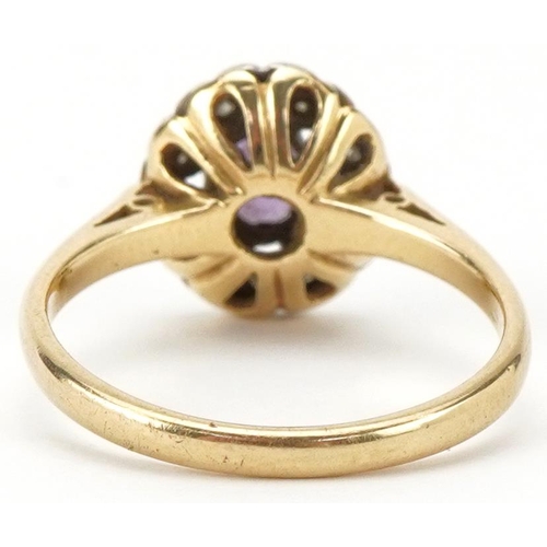 2301 - Unmarked gold amethyst and diamond cluster ring, size M, 3.4g