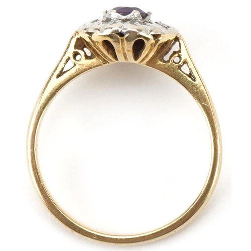 2301 - Unmarked gold amethyst and diamond cluster ring, size M, 3.4g