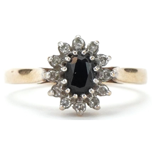 2105 - 9ct gold sapphire and diamond cluster ring, size O, 2.6g