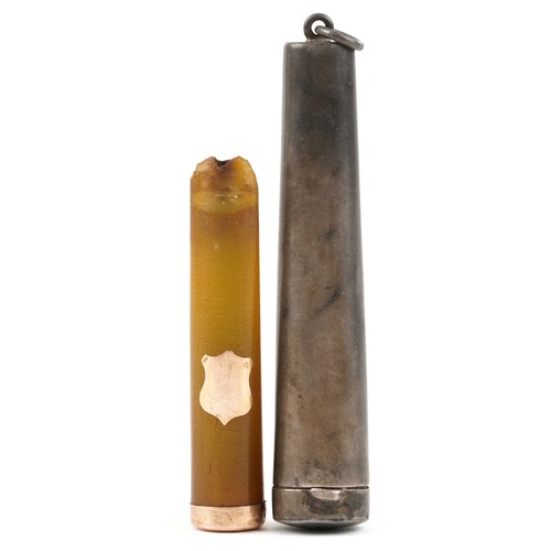 335 - George V silver cheroot case housing an amber coloured cheroot holder with gold mounts, the case 8cm... 