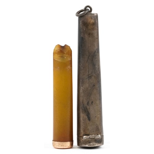 335 - George V silver cheroot case housing an amber coloured cheroot holder with gold mounts, the case 8cm... 