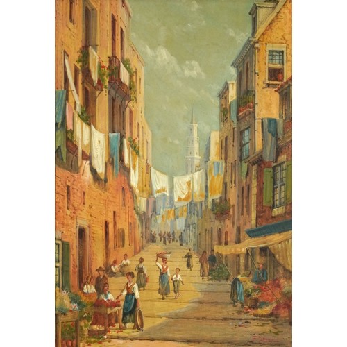 52 - F Temaro - Continental street scene, European school heightened watercolour, mounted framed and glaz... 