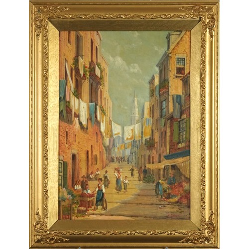 52 - F Temaro - Continental street scene, European school heightened watercolour, mounted framed and glaz... 