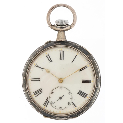 2281 - German 800 grade silver niello work open face keyless pocket watch having enamelled and subsidiary d... 