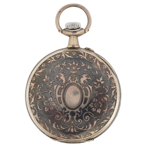 2281 - German 800 grade silver niello work open face keyless pocket watch having enamelled and subsidiary d... 