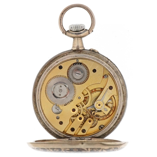 2281 - German 800 grade silver niello work open face keyless pocket watch having enamelled and subsidiary d... 