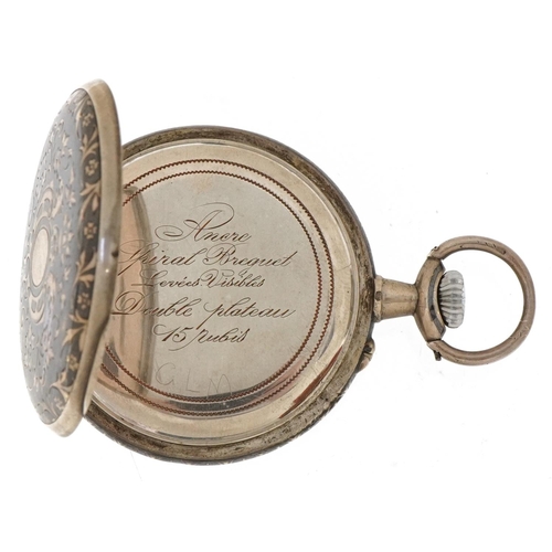 2281 - German 800 grade silver niello work open face keyless pocket watch having enamelled and subsidiary d... 