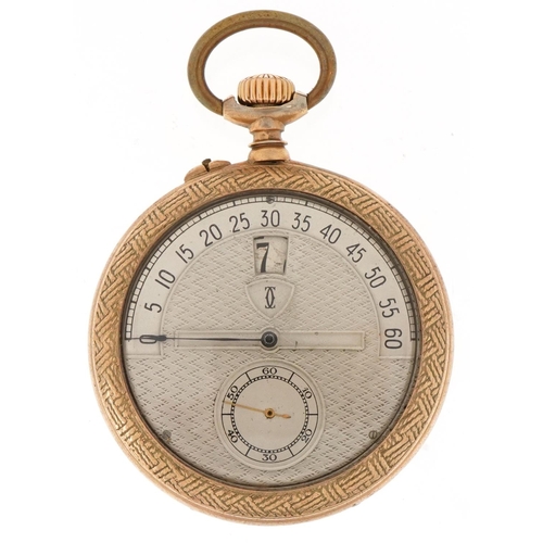 2410 - Art Deco style gentlemen's gold plated open face keyless pocket watch having silvered and subsidiary... 