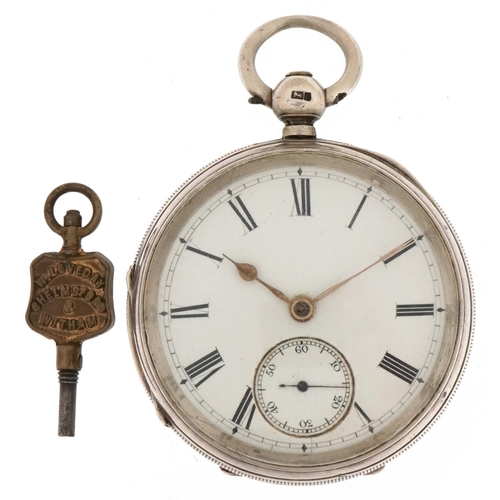 2371 - Victorian gentlemen's silver open face key wind pocket watch with key having enamelled and subsidiar... 