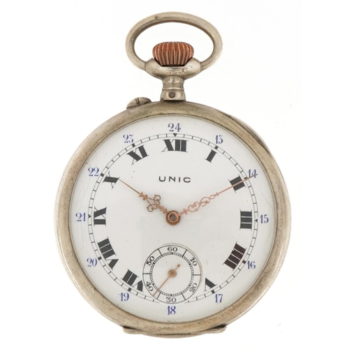 2177 - Unic, French Art Deco open face keyless pocket watch having enamelled and subsidiary dials with Roma... 