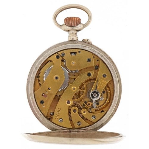 2177 - Unic, French Art Deco open face keyless pocket watch having enamelled and subsidiary dials with Roma... 