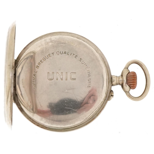 2177 - Unic, French Art Deco open face keyless pocket watch having enamelled and subsidiary dials with Roma... 