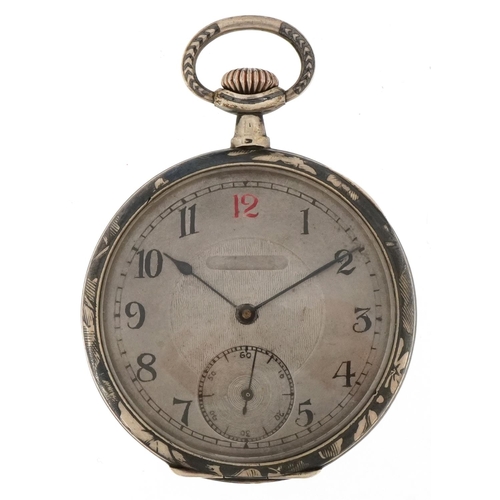 2427 - French Art Deco silver and gold niello work open face keyless pocket watch having silvered and subsi... 