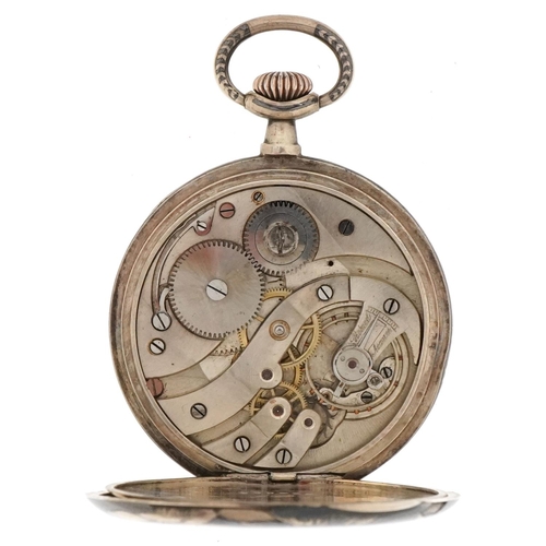 2427 - French Art Deco silver and gold niello work open face keyless pocket watch having silvered and subsi... 