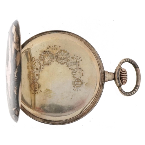 2427 - French Art Deco silver and gold niello work open face keyless pocket watch having silvered and subsi... 