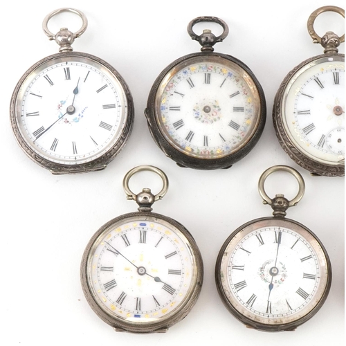 2713 - Nine ladies silver open face pocket watches, each having enamelled dial with Roman numerals, the lar... 