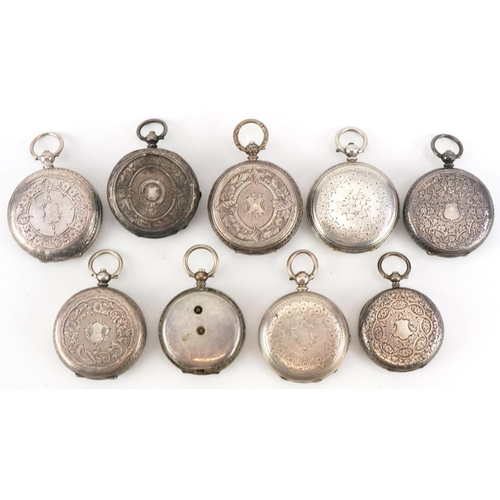 2713 - Nine ladies silver open face pocket watches, each having enamelled dial with Roman numerals, the lar... 