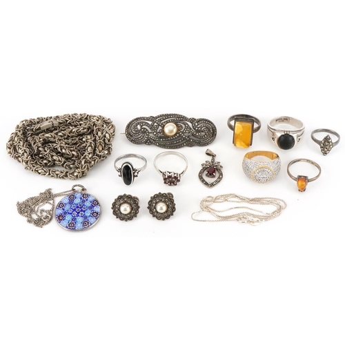 2711 - Antique and later silver and white metal jewellery including marcasite brooch, rings set with semi p... 