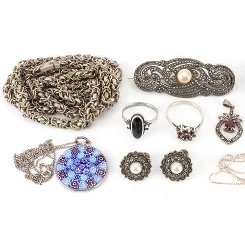 2711 - Antique and later silver and white metal jewellery including marcasite brooch, rings set with semi p... 