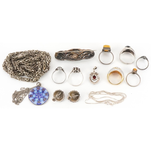 2711 - Antique and later silver and white metal jewellery including marcasite brooch, rings set with semi p... 