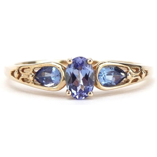 2445 - 9ct gold iolite three stone ring, size T, 2.0g