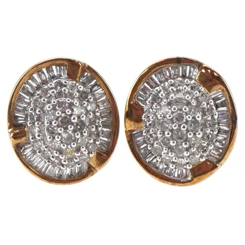 2073 - Pair of 9ct gold diamond four tier cluster stud earrings, each 11mm high, total 2.6g