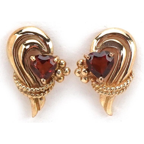 2117 - Pair of 9ct gold garnet love heart stud earrings, each 1.6cm high, total 2.4g