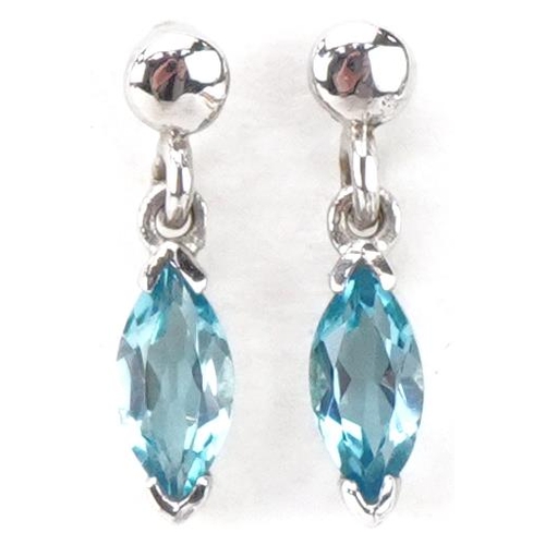 2373 - Pair of 9ct white gold blue topaz drop earrings, each 1.3cm high, total 0.8g