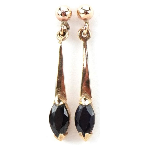 2325 - Pair of 9ct gold marquis sapphire drop earrings, each 2.2cm high, total 0.9g