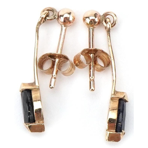 2325 - Pair of 9ct gold marquis sapphire drop earrings, each 2.2cm high, total 0.9g