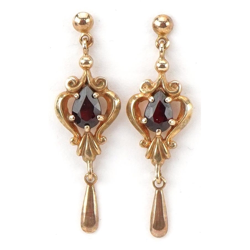 2161 - Pair of 9ct gold garnet teardrop earrings, each 3cm high, total 1.9g