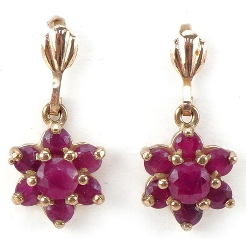 2412 - Pair of unmarked gold ruby flower head drop earrings, each 1.7cm high, total 1.4g