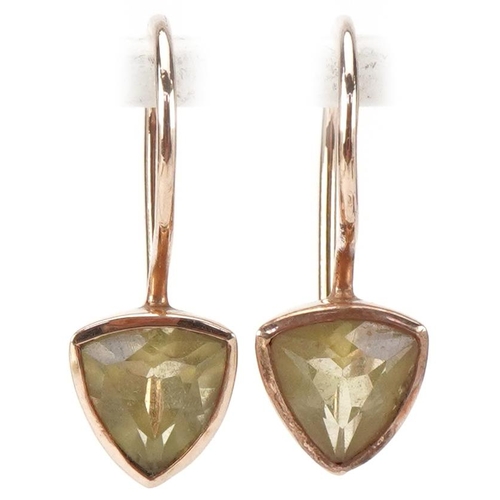 2396 - Pair of unmarked gold peridot earrings, each 2cm high, total 2.4g