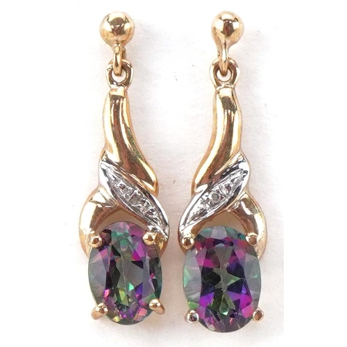 2388 - Pair of unmarked gold rainbow quartz and diamond drop earrings, each 2cm high, total 1.7g