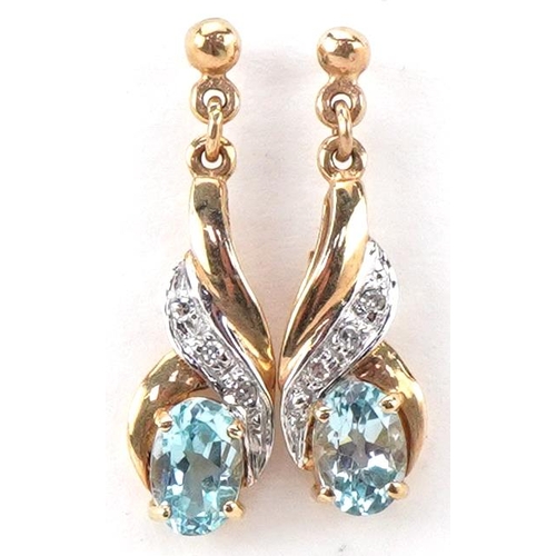 2193 - Pair of 9ct gold blue topaz and diamond drop earrings, each 2.1cm high, total 1.9g