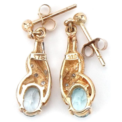 2193 - Pair of 9ct gold blue topaz and diamond drop earrings, each 2.1cm high, total 1.9g