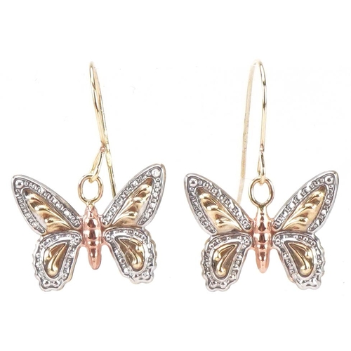 2340 - Pair of 9ct three tone gold butterfly drop earrings, each 2.3cm high, total 0.6g