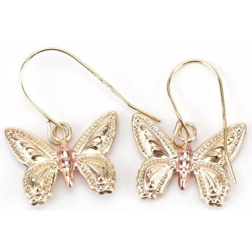 2340 - Pair of 9ct three tone gold butterfly drop earrings, each 2.3cm high, total 0.6g