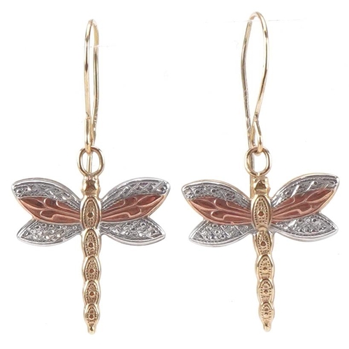 2363 - Pair of 9ct three tone gold dragonfly drop earrings, each 2.6cm high, total 0.5g