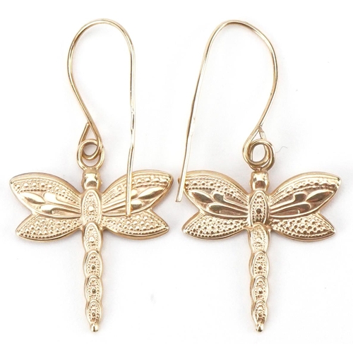 2363 - Pair of 9ct three tone gold dragonfly drop earrings, each 2.6cm high, total 0.5g