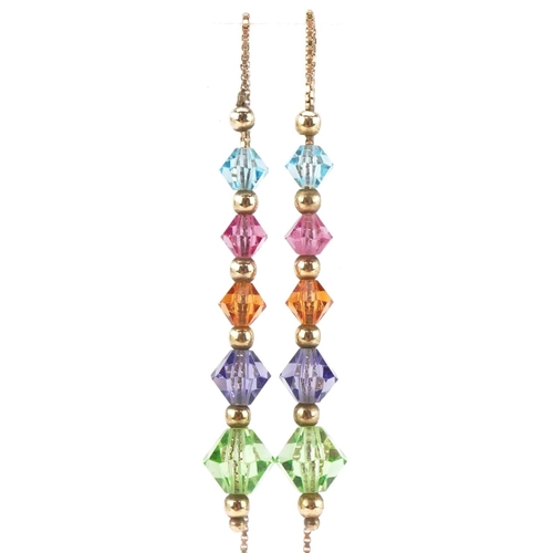 2425 - Pair of 9ct gold multi gem drop earrings, each 11cm high, total 2.2g