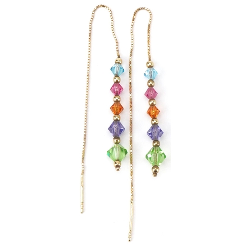 2425 - Pair of 9ct gold multi gem drop earrings, each 11cm high, total 2.2g