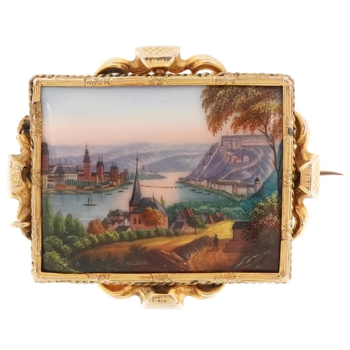 2070 - Antique unmarked gold brooch enamelled with a view of a Swiss lake, 4.5cm wide, 10.5g