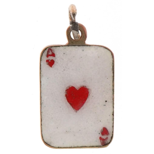 2471 - 9ct gold and enamel charm in the form of ace of hearts playing card, 1.5cm high, 1.0g