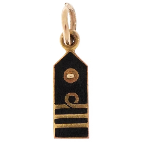 2449 - 9ct gold and enamel charm in the form of a luggage tag, 1.7cm high, 1.1g