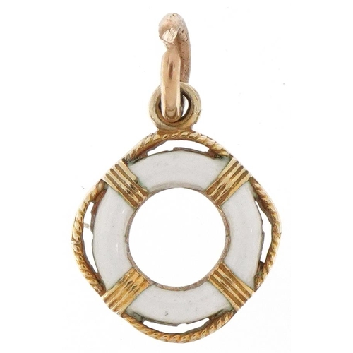 2269 - 9ct gold and enamel charm in the form of a lifebuoy, 1.4cm high, 1.2g