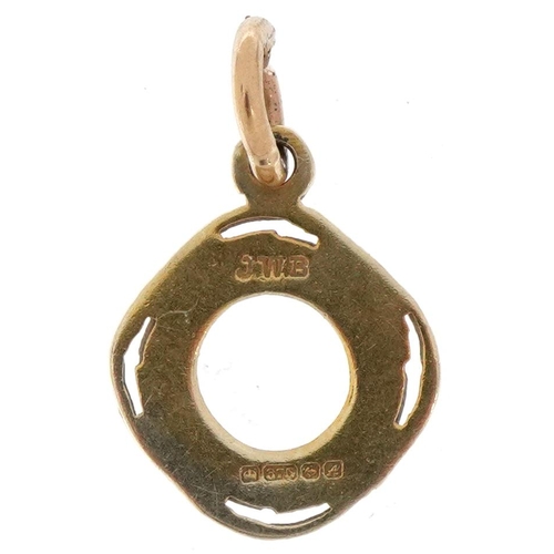 2269 - 9ct gold and enamel charm in the form of a lifebuoy, 1.4cm high, 1.2g