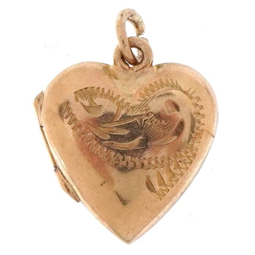 2375 - 9ct gold floral engraved love heart locket, 1.5cm high, 1.5g